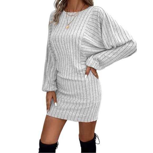 Grey Batwing Long Sleeve Ribbed Knit Bodycon Sweater Dress - Picture 2 of 7